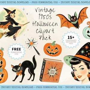 May include: A digital collection of 1950s-style Halloween illustrations featuring a witch on a broom, a bat, a light green pumpkin, a stack of three orange jack-o'-lanterns, a star wand, a black cat, a spell book, and a witch with a hat.