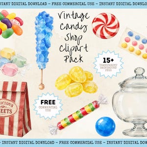 May include: A digital collection of watercolour candy illustrations including jelly beans, rock candy, peppermint, wrapped sweets, a striped paper bag labelled Delicious Sweets, a glass jar, and colourful hard candies with text Vintage Candy Shop Clipart Pack.