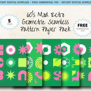 May include: A digital download graphic pack with a 1960s mod retro design. The pack includes geometric seamless patterns in green, pink, white, and yellow. The text reads "60's Mod Retro Geometric Seamless Pattern Paper Pack".