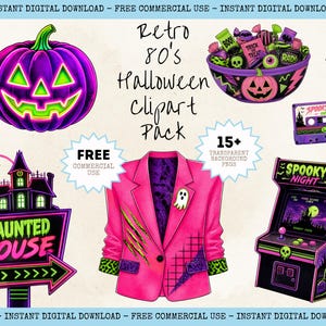 May include: A digital clipart collection featuring 80s-themed Halloween graphics including a neon purple pumpkin, a bowl of candy, a cassette tape labeled Spooky Mix, a haunted house sign, a bright pink blazer, and a Spooky Night arcade cabinet.
