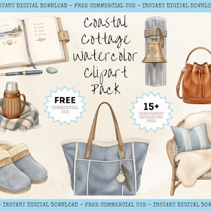 May include: A digital collection of watercolor illustrations featuring a notebook, fountain pen, brass bell on a post, leather bucket bag, thermos on a plaid blanket, slippers, a blue tote bag, and a wicker chair with a pillow and faux fur throw.