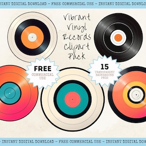 Könnte beinhalten: Eine Sammlung farbenfroher Vinyl-Schallplatten-Clipart. Die Schallplatten weisen leuchtende Farben wie Orange, Pink, Türkis und Schwarz auf. Der Text lautet "Vibrant Vinyl Records Clipart Pack" und enthält "FREE COMMERCIAL USE" und "15 TRANSPARENT BACKGROUND PNGS".