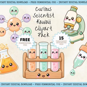 Może przedstawiać: Cyfrowy zestaw grafik o nazwie Curious Scientist Kawaii Clipart Pack zawierający cząsteczkę, mikroskop, kolbę stożkową z pomarańczowym płynem, trzy probówki w drewnianym stojaku oraz pipetę, wszystkie z uśmiechniętymi buźkami.