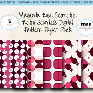 Puede incluir: Un paquete de papel digital con cinco patrones sin costuras en diseños geométricos magenta, rosa y blanco. El paquete incluye varios patrones de estilo retro, perfectos para proyectos digitales. El texto dice "Magenta Rose Geometric Retro Seamless Digital Pattern Paper Pack."