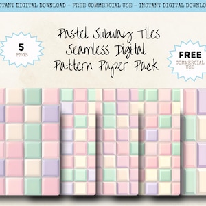 Puede incluir: Paquete de papel de patrones digitales con azulejos de metro en colores pastel. El diseño incluye varias disposiciones de baldosas cuadradas y rectangulares en tonos suaves de rosa, verde, amarillo y morado. El texto "Pastel Subway Tiles Seamless Digital Pattern Paper Pack" está incluido.