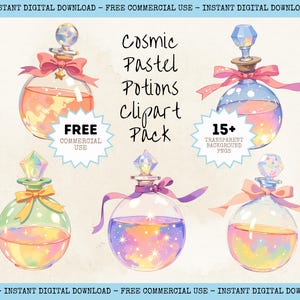 Puede incluir: Paquete de imágenes prediseñadas digitales con cinco botellas de pociones pastel con tapones de cristal y cintas. Las botellas contienen líquidos coloridos con diseños de estrellas y nubes. El texto incluye "Cosmic Pastel Potions Clipart Pack".