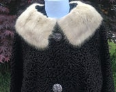 1960s Persian Lamb Fur Coat with Mink Collar, Astrakin Styled by Fairmoor, France, New York Store Framingham, Medium Large