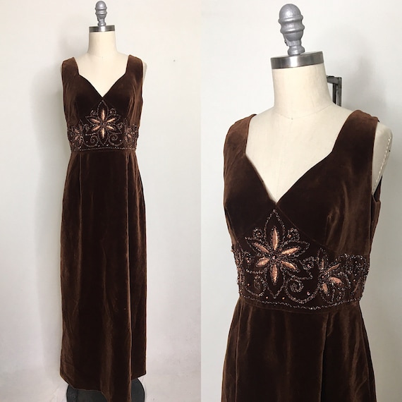Vintage 70s Brown Velvet Maxi Dress Size Medium