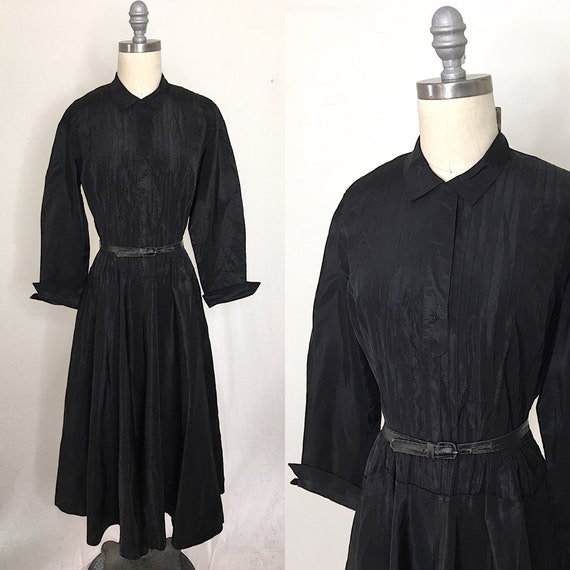 Vintage 40s Pintuck Pleated Black Taffeta Dress Si