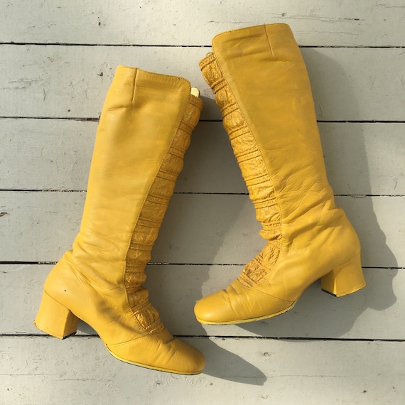 Vintage 60s Yellow Leather Go Go Boots Size 8