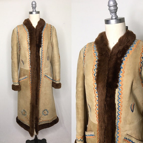 Vintage 70s Embroidered Shearling Coat Size Medium