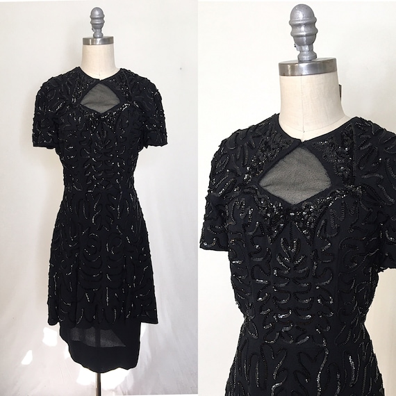 Vintage 40s Black Rayon Sequin Peplum Dress Size M