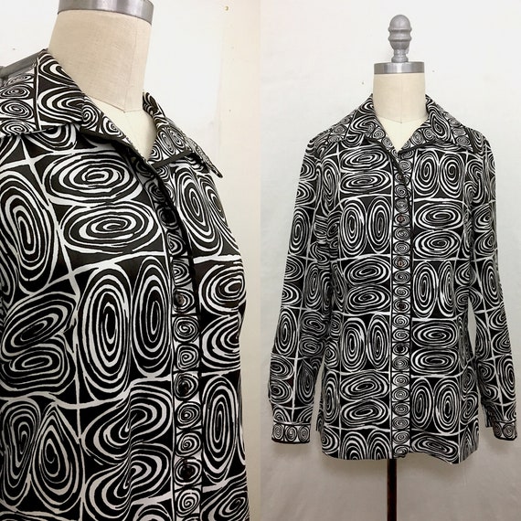 Vintage 60s Alex Coleman Brown White Swirly Blouse
