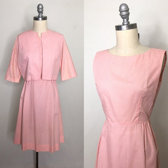 Vintage 60s Pink Swiss Dot Dress & Jacket Set Size