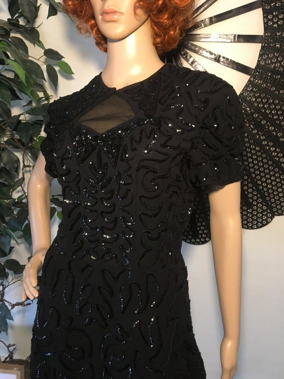 Vintage 40s Black Rayon Sequin Peplum Dress Small/