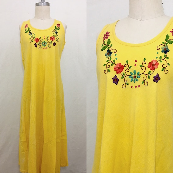 Vintage 70s Mexican Yellow Cheesecloth Embroidered