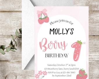 Berry first birthday invitation - first birthday - girl birthday - invitation - strawberry theme - digital download