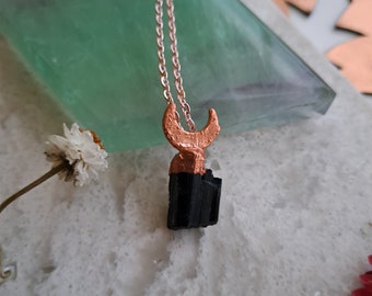 Black Tourmaline and Moon Pendant plated with copper