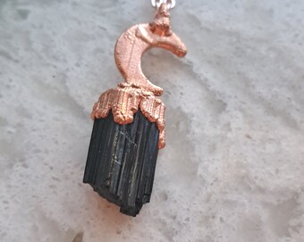 Black Tourmaline and Moon Pendant plated with copper