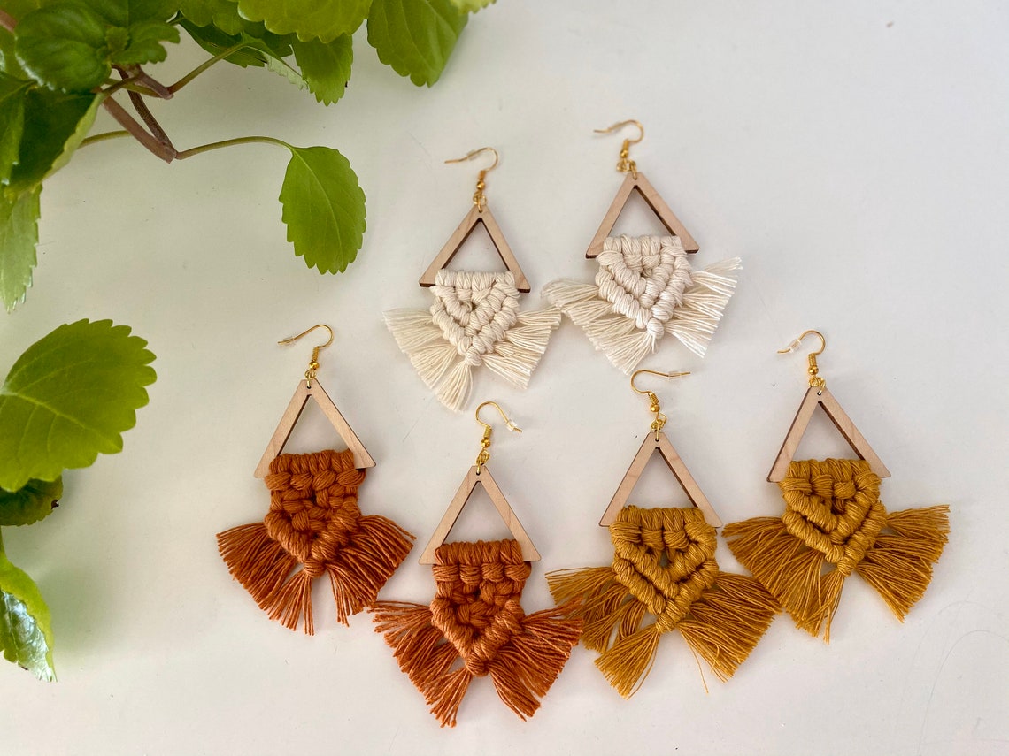 Wood Triangle Macrame Earrings - Etsy