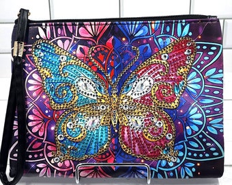 Diamond Painting Butterfly Clutch, Mandala Wristlet Makeup Bag