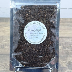 May include: A clear plastic bag filled with dark brown chicory root. The bag has a white label with the text "Witchmade Studios Chicory Root Remove Obstacles, Favors, Invisibility Spells, Blockbuster 1 oz net wt (20 gr) www.witchmadestudios.com".