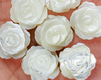 4pcs Natural Mother Of Pearl Shell Rose Beads, 12mm Round Side Drilled Carved Flower Shape 1mm Hole 6mm Thick