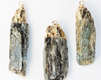 Natural raw kyanite gemstone stick pendant,gold plated edged gemstone, blue, 10-12mm*40-60mm length-gempd0207