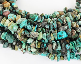 Natural Raw Turquoise, 5-8mm nugget chip shape gemstone strand, green brown & blue colors, 15.5 inch, hole 1mm