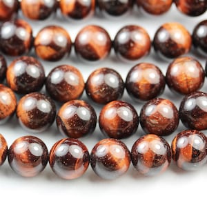 Oeil de tigre rouge, pierre précieuse ronde 10 mm, un fil complet 15,5 pouces, environ 40 perles, trou de 1 mm