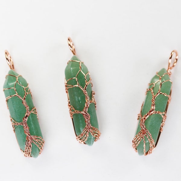 1pc green aventurine double terminated point pendant, tree-of-life copper wire wrapped gemstone pendant 10*40mm stone
