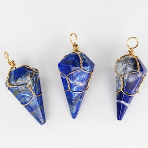 2pcs natural lapis lazuli gemstone point pendulum pendant, gold plated wire wrapped pendant, size around 20mm*40mm