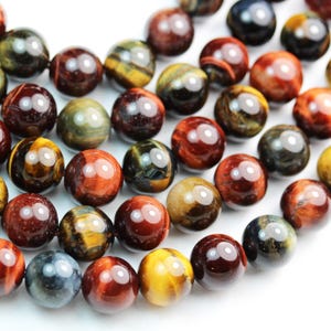 Oeil de tigre, pierre précieuse ronde tricolore 10 mm, un rang complet, trou 1 mm 16 po., environ 40 perles