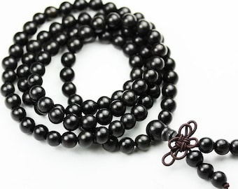 108 beads, 6mm natural black sandalwood mala prayer beads necklace/bracelet strand,  25 inch