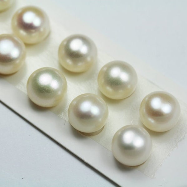 Freshwater pearl,10-11mm white, 1 pair aaa  half drilled  button round pearl studs , for making earring/ring , hole 1mm