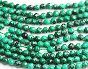 Malachite, pierre gemme naturelle 3 mm facettée 15,5 rangs, trou 0,6 mm, 130 perles