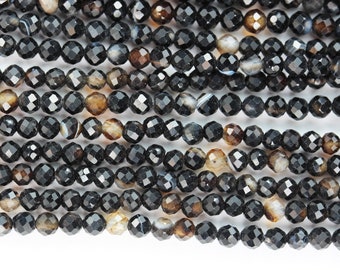 Black Agate, 3mm Faceted Round Gemstone Strand, One full strand , about 110 beads , 0.6mm hole