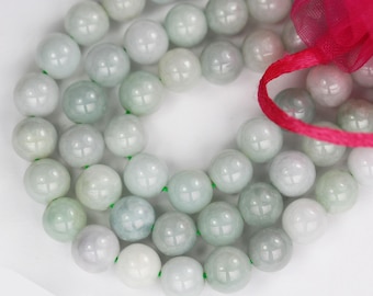 Natürliche birmanische Burma-Jade, runder Edelstein 10 mm, ein voller Strang grüne Perlenstrang, 1 mm Loch, 16 "