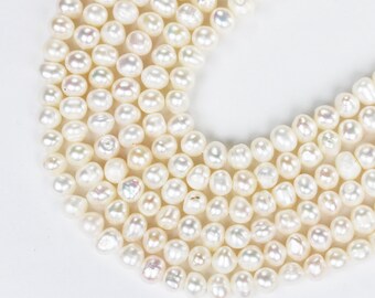 5-6 mm de rangs de perles d'eau douce blanches, 14 pouces, environ 60 perles, trou de 0,6 mm -plf8292