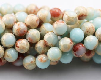 Impression Jasper Beads, Round Gemstone Strand, Blue & Red, 6mm