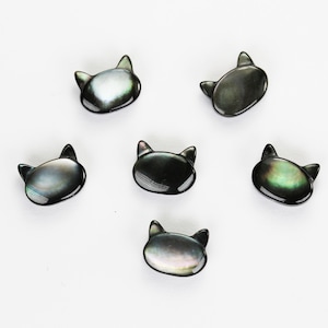 5 piezas de cuentas de cabeza de gato de concha de nácar negro natural, 10*8 mm, forma de gato perforada en el centro, agujero de 1 mm