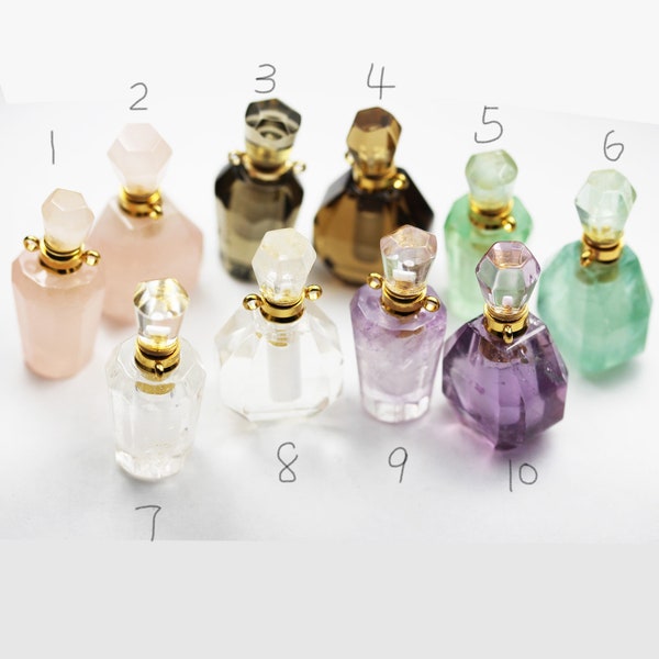 Pendentif collier fait à la main, Pendentif bouteille d’huile essentielle / parfum, quartz rose naturel / aventurine / quartz clair / améthyste / quartz fumé