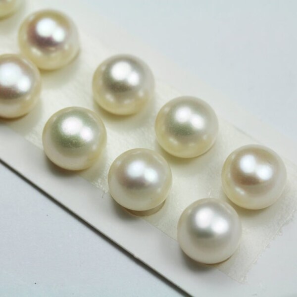 Perle d'eau douce, 10-11 mm blanche, 1 paire de clous d'oreilles ronds en perles aaa semi-percés, pour faire des boucles d'oreilles/bagues, trou 1 mm
