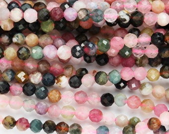 Tourmaline, 3mm faceted round gemstone beads ,  full strand colorful, 16", 0.6mm hole