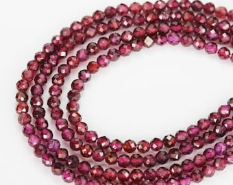 Granate natural, gema redonda facetada de 3 mm, una sola hebra, orificio de 0,6 mm, 16"