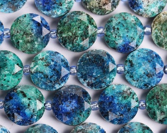 Azurite, 12mm faceted coin round gemstone, vintage rock stone, hole 1mm, 15.5inches, 28 beads