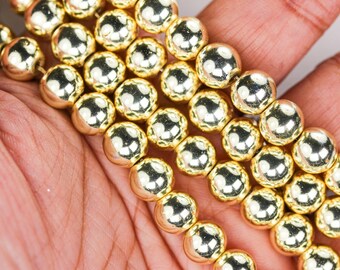 Hematite, 8mm round gemstone, one full strand , electroplated gold gemstone beads, about 54 beads, hole 1mm,16"
