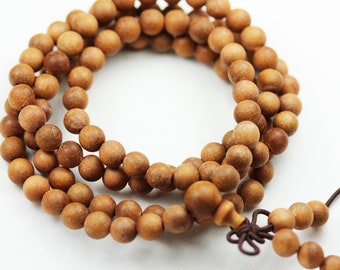 108pcs Natural Sandalwood Mala Prayer Beads Necklace/Bracelet Strand, One full strand,8mm/6mm Round, -GEM1782