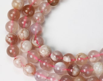 Natural pink sakura flower agate , 8mm round gemstone beads, 15.5 inch , 1mm hole, about 50beads