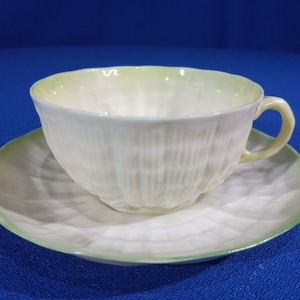 Flat Cup & Saucer Set Tridacna Green (No Trim) by BELLEEK POTTERY (IRELAND)
